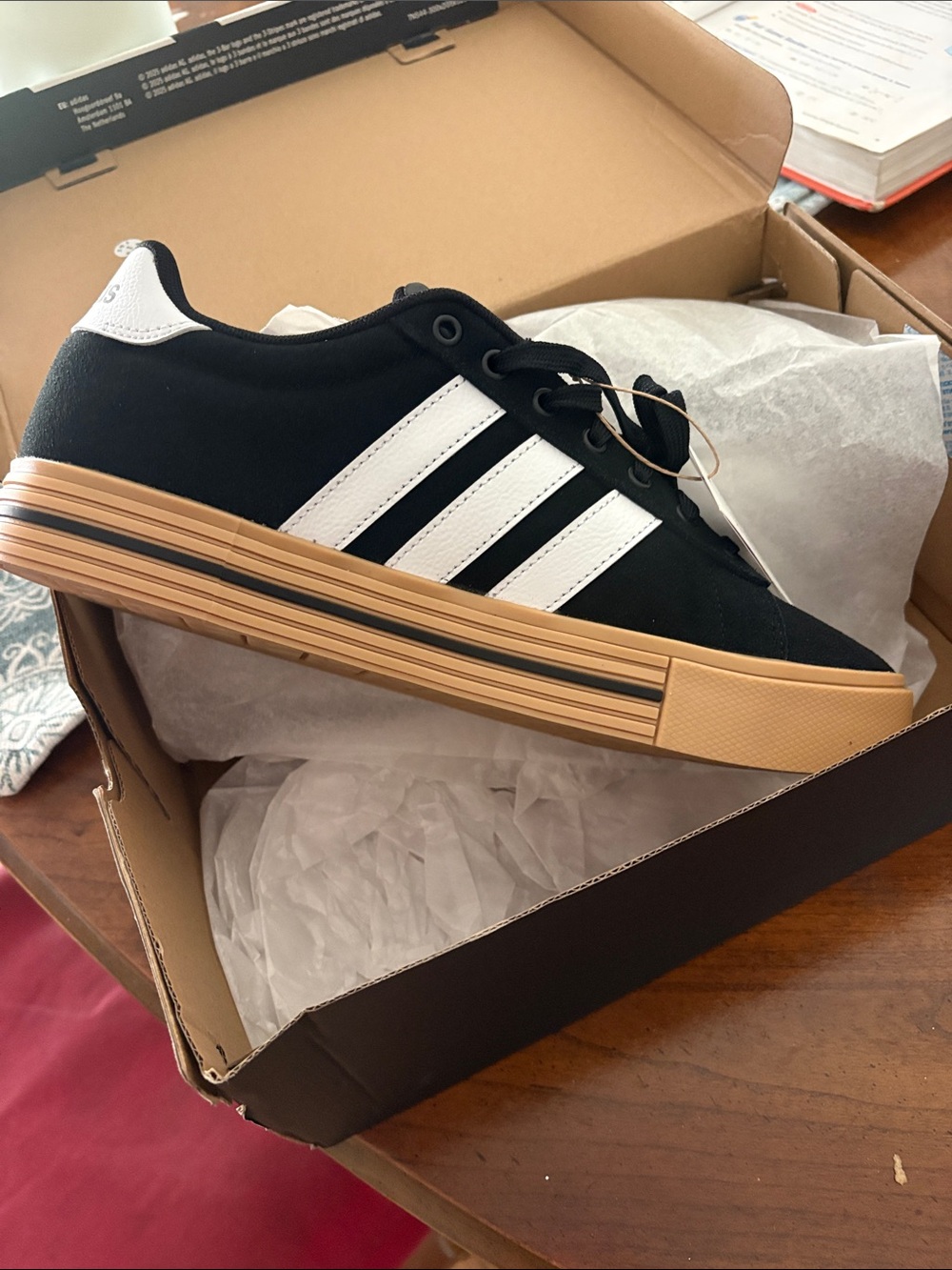adidas Women's Black Sneakers with White Stripes and Gum Sole